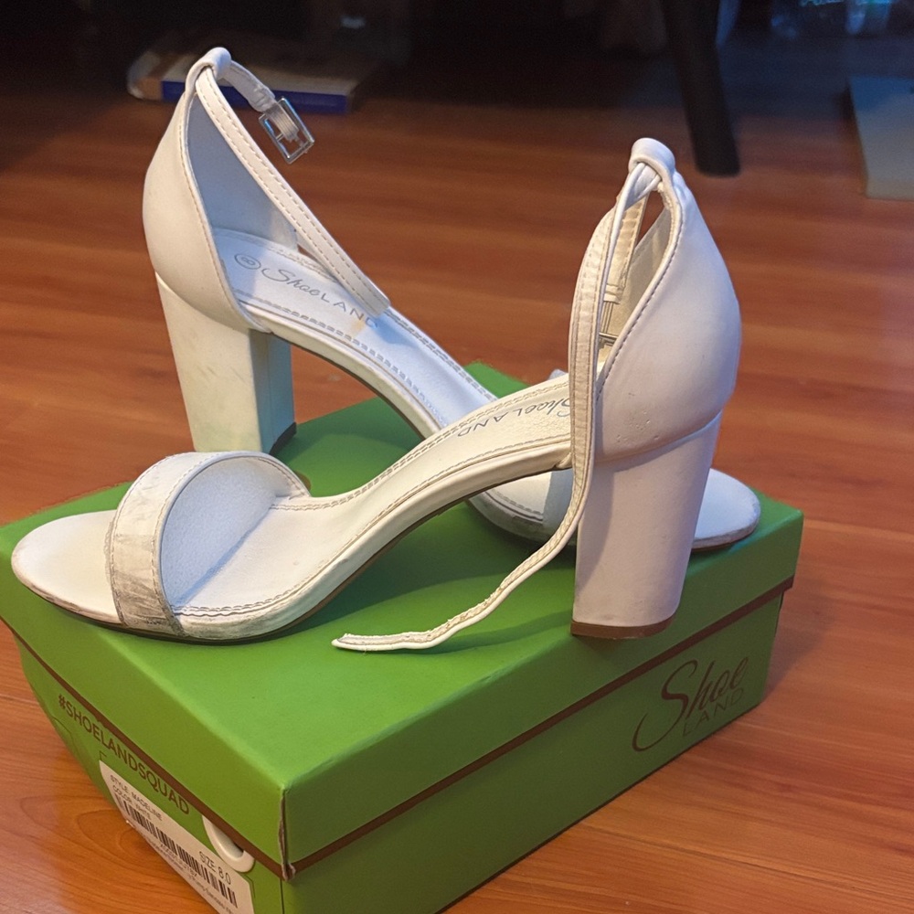 White Ankle Strap Block Heel Sandals